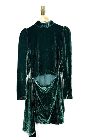 Reformation BURGUNDY green velvet mock neck long sleeve wrap mini dress size 6 thumbnail 7