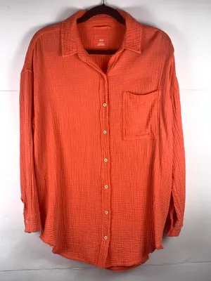 Aerie Womens S Pool to Party Gauze Shirt Orange Cotton Oversized Beach Cover Up thumbnail 4