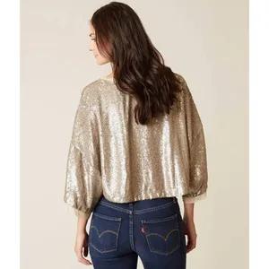 Free People Champagne Dreams Tee Small Neutral Gold Sequin Oversized Cropped thumbnail 13