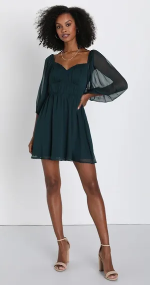 NWT Lulus Vivacious Arrival Emerald Chiffon Balloon Sleeve Mini Dress Size L thumbnail 1