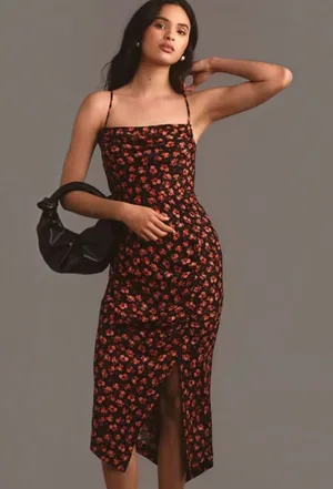 Anthropologie Coral Floral Draped Back- Slip Midi Dress Asymmetrical side thumbnail 1