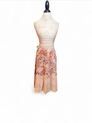 Orange, Brown, and Beige Floral Print A-Line Midi Wrap Skirt thumbnail 2