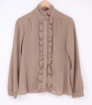 Joanna Blouse Womens 12 Vintage Ruffle Front Pinstripe Tan Button-Down Excellent thumbnail 1
