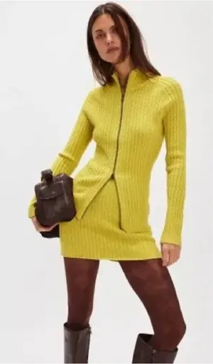 NWOT Free People Eliza Cable Zip-Up Cardigan Rib Miniskirt 2PCS Set Lime Green thumbnail 1