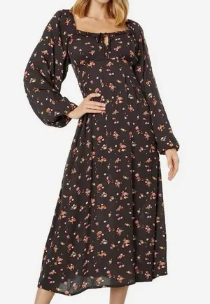Billabong Black Floral Tie-Front Long Sleeve Boho Peasant Style Midi Dress XS thumbnail 1