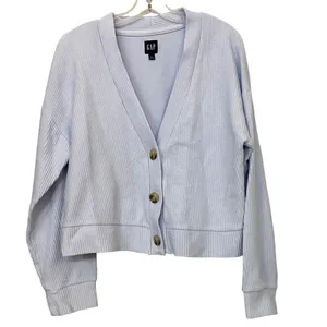 GAP Cardigan Light Blue Ribbed Knit Button Front Cropped V Neck Women's Size L‎ thumbnail 2