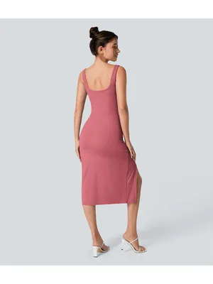 Halara SoftlyZero Airy Square Neck Corset Ruched Bodycon Midi Dress Pink XL thumbnail 2