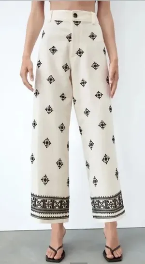 Zara Cream Embroidered Wide Leg Pants XS Boho Linen Blend thumbnail 1