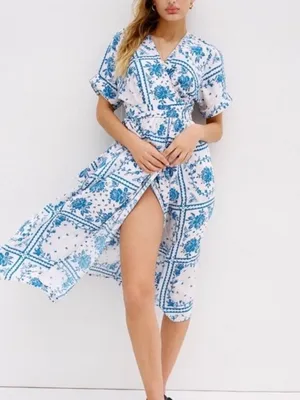 Urban Outfitters Womens Gabrielle Blue Floral Midi Wrap Dress Small thumbnail 8