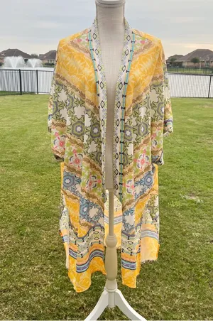 Umgee Yellow Multicolor Floral Print Open Kimono thumbnail 1