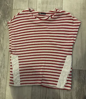 Zara Red and White Striped Knit Top with Side Button Panels thumbnail 1