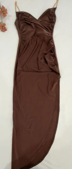 SHEIN Brown Ruched Maxi Dress with Gold Chain Straps thumbnail 1