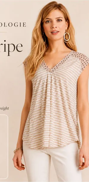 Anthropologie‎ Neutral Beige & White Striped V‑Neck Tee thumbnail 1