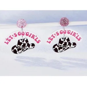 Let's Go Girls Earrings Women OS Pink Cow Print Western Acrylic Dangle Nashville thumbnail 2