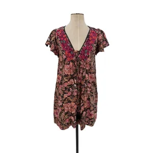 Anthropologie Floral Printed Tunic Dress Mixed Print V Neck Black Brown Size XXS thumbnail 3