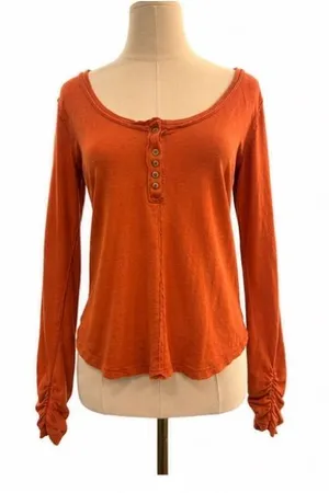 Pilcro by Anthropologie Linen Cotton Ruched Sleeve Henley Top Burnt Orange Med thumbnail 1
