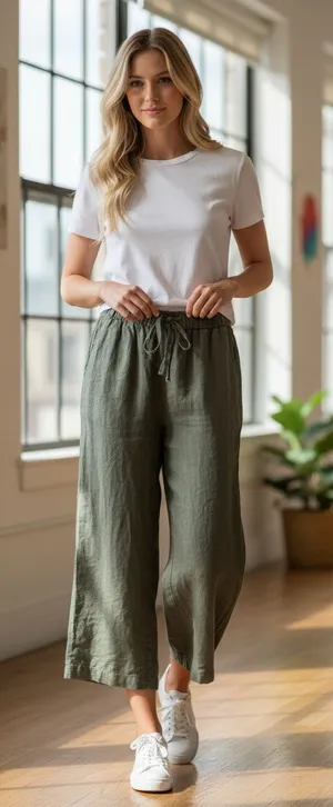 Abercrombie & Fitch Olive Green Linen Blend Pull On Wide Leg Pants Women Size XS thumbnail 1