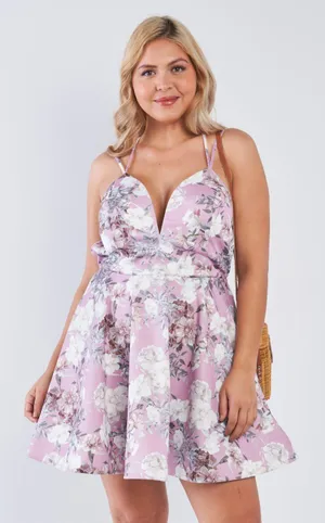 Boutique Plus Mauve Floral Open Back Fit & Flare Dress 1XL thumbnail 1