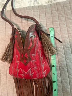 Red Leather Fringe Crossbody Mini Bag with Brown Trim thumbnail 5