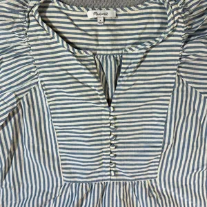 Madewell Courtyard Striped Puff Sleeve Peplum Blouse Medium Blue White Button Fr thumbnail 4