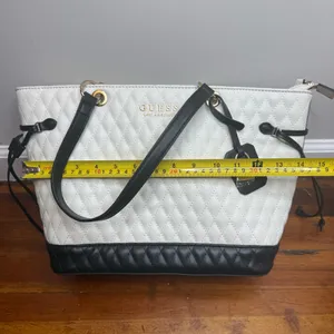 GUESS Quilted Two-Tone Tote in White and Black with Gold Hardware thumbnail 12