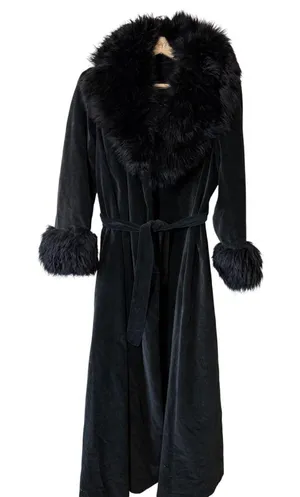 VTG Raincheetahs Black Velvet Faux Fur Long Opera Coat Belted Sz 12‎ Penny Lane thumbnail 1