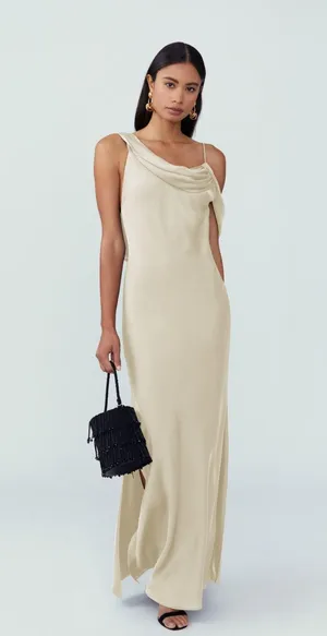 Fame and Partners NWT Francois Matte Satin Maxi Dress In Champagne thumbnail 1
