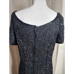 Vintage 90s Papell Boutique Black silk floral beaded sequin gown black tie Sz 14 thumbnail 9