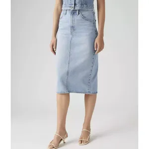 New Levi's 28 Premium High Rise Slit Denim Skirt Riveting Clean Hem Light Wash thumbnail 2