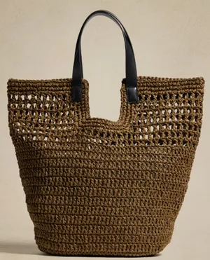 Banana Republic Paper Straw Shopper Tan Black Strap Vegan Beach Tote Bag OS thumbnail 1