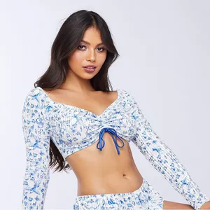 NWT Savage X Fenty Blue White Floral Velvet Off Shoulder Crop Top XS thumbnail 7