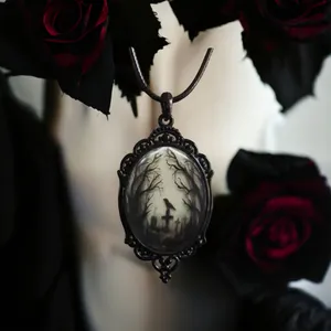 Gothic Crow Forest Cameo Pendant Necklace A Stylish‎ Rope Necklace thumbnail 5
