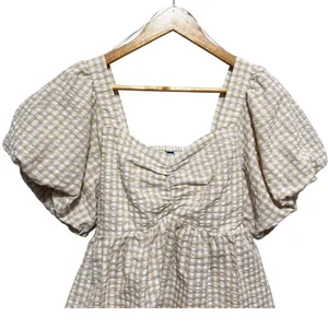 Old Navy Women Cottage Gingham Peplum Top L Tan\ Smocked Milkmaid Puff‎ Sleeve thumbnail 3