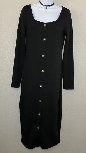 Black Button Retro‎ 90s Grunge Dark Feminine Witchy Whimsigoth Maxi Dress S thumbnail 1