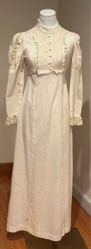 1970’s Prairie-Style Delicate Vintage Cream Puff Sleeves high neck bodice, waist thumbnail 1