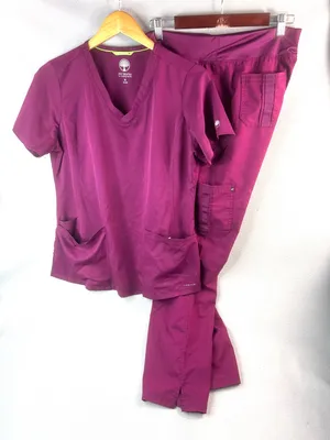 Helping Hands M Berry V-Neck Scrub Top & Pant Set - HH Works thumbnail 1
