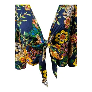 New Look Floral Tie-Front Crop Top Boho Kimono Sleeve Navy Multicolor Size M thumbnail 6