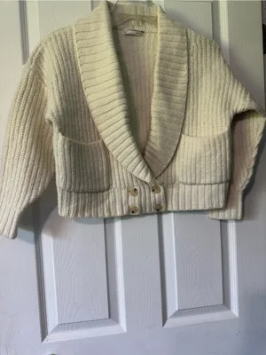 Anthropologie Cream Shawl-Collar Button-Front Women's Sweater thumbnail 3