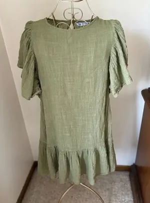 Zara Green Crinkle Gauze Puff Sleeve Ruffle Mini Dress Size M thumbnail 1