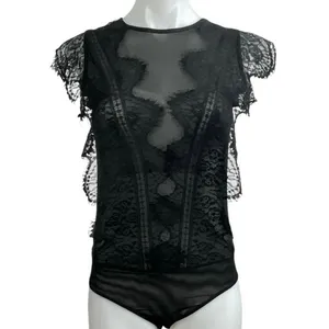 Zara Women's Black Lace Sheer Mesh Ruffle High Neck Cap Sleeves Bodysuit Top S thumbnail 4