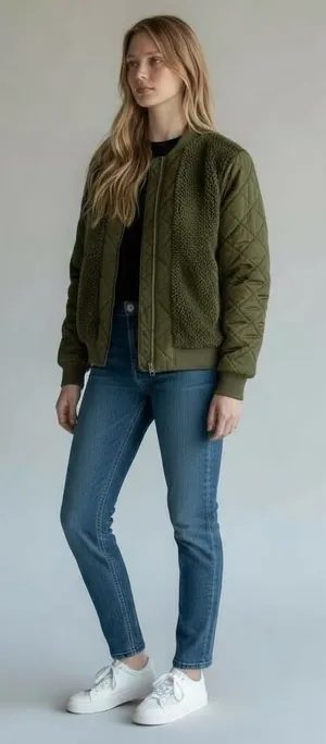 Dear John Olive Green Quilted‎ Sherpa Bomber Jacket - Women's Small Casual thumbnail 1