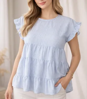 ANDREE BY UNIT Blue White Pinstripe Tiered Babydoll Top Size M (1122) thumbnail 1
