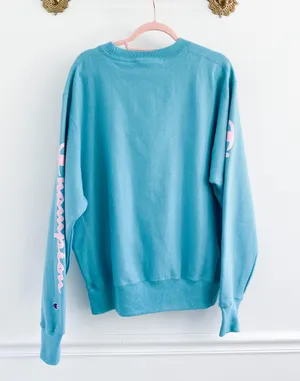 Urban Outfitters Champion Teal Pink Script Logo Crewneck Sweatshirt thumbnail 5