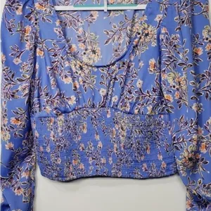 Free People Santiago Top Bluebell Combo Medium Floral Print Smocked Long Sleeve thumbnail 4