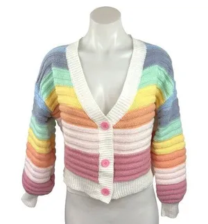 Womens Rainbow Striped Color Block Button Long Sleeve Cardigan Sweater Top Sz M thumbnail 1