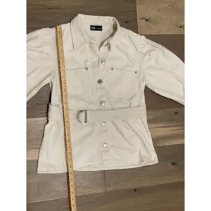 Zara Womens Beige Puff Sleeve Denim Jacket with Belt Size M thumbnail 5