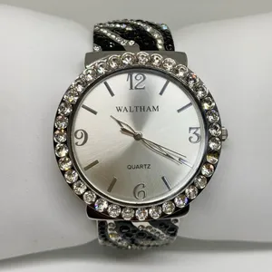 Waltham SilverTone cuff bracelet watch 38mm rhinestones quartz 7” running thumbnail 1