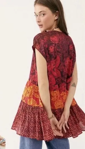 Free People Boho Red Warm Tones "Gotta Have‎ You" Tiered Tunic Blouse Size XS thumbnail 1