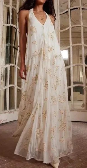 Free People Embroidered Holding On Convertible Maxi Dress in Cream thumbnail 1