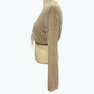 Open Knit L Tan Tie Front Cropped Cardigan Sweater Slouchy Boho Fairy‎ Grunge thumbnail 5